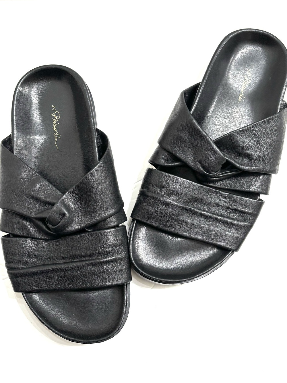 3.1 Phillip Lim slides sandals shoes Black Twisted Leather pool sz IT 39